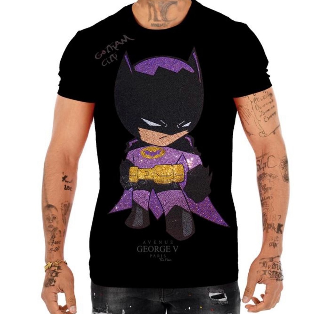 Avenue George V Paris Batman T-Shirt men’s Black Short sleeve Bling shirt NWT
